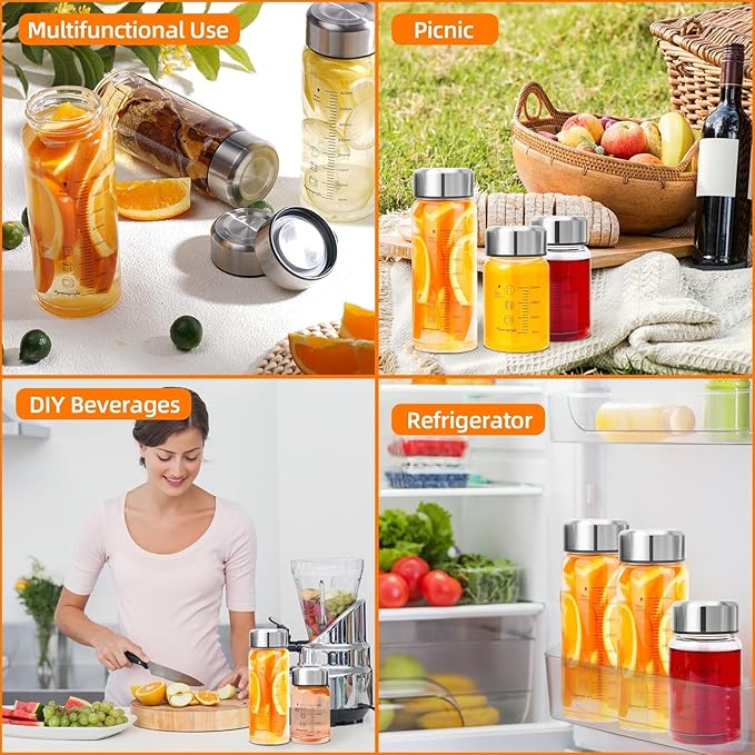 Glass Juice Bottles 12 oz - Wide Mouth Glass Water Bottles with Lids and Sleeve- for Juicing, Smoothies, Milk, Protein, Reusable, Stainless Steel Lids, Leak Proof, Shaker bottle (12oz/400ml)