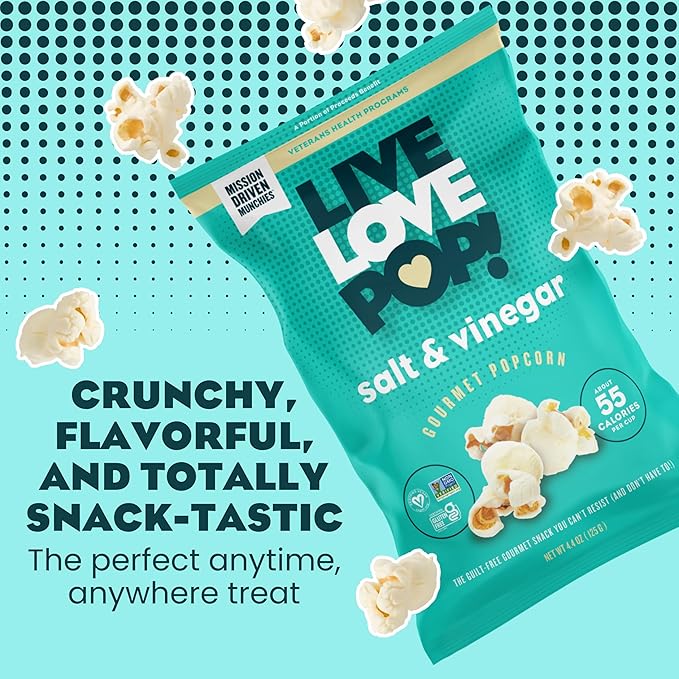Live Love Pop Salt and Vinegar Flavored Gourmet Popcorn, 1.0 Oz (Pack of 12), Individual Snack Size Bags, Healthy Snack, Gluten Free, Vegan & Non-GMO, Mission Driven Munchies