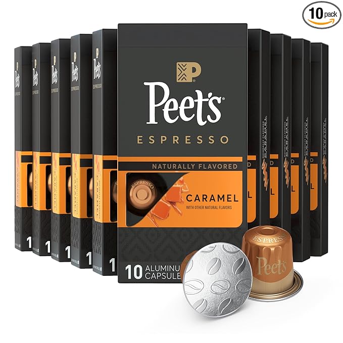 Peet's Coffee, Medium Roast Espresso Capsules, Compatible with Nespresso Original Machine - Caramel, 100 Count (10 Boxes of 10 Espresso Capsules)