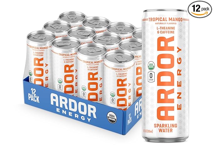 ARDOR ENERGY Sparkling Water with 100mg Natural Caffeine & 200mg L-Theanine from Organic Green Tea for Smooth Energy & Focus | Healthy Energy Drink | No Sugar, Zero Calories, Vegan, Gluten-Free | Tropical Mango (Pack of 12, 12oz cans)