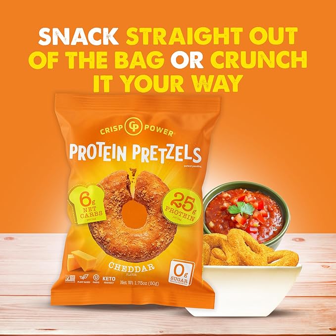 Crisp Power Protein Pretzels, NEW Cheddar, High Protein Vegan Keto Snack, 25 G Plant Based Protein, Low Carb Crunchy Pretzel Snacks, No Added Sugar, No Seed Oils, 1.75 oz Bags, 24 Pack