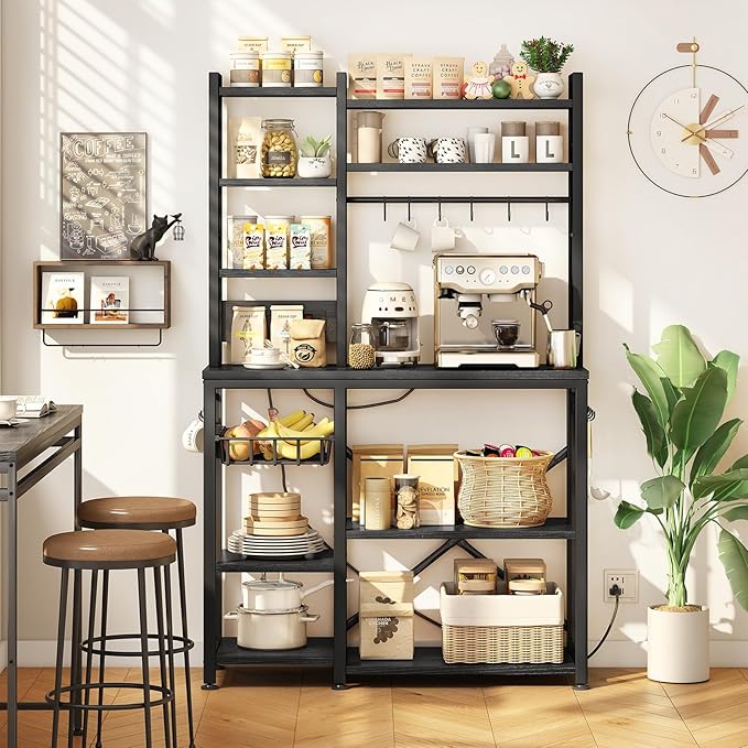 Baker Rack with Power Outlet - Microwave Stand with Storage, Large Coffee Bar Station with 14 Hooks, Metal Kitchen Shelf Rack for Spices, Pots (Rustic Black)