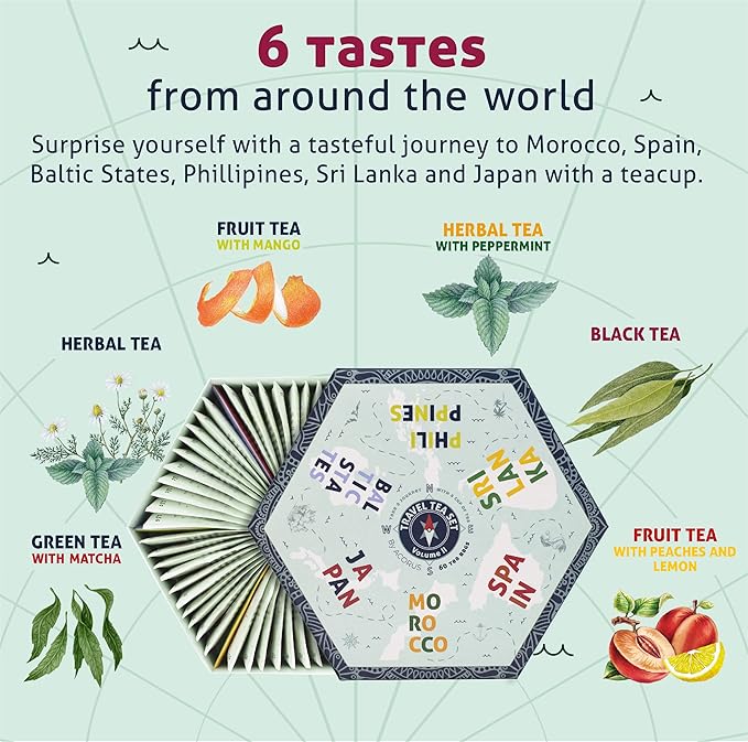 ACORUS | Travel Tea Set Vol. II | Tea Gift Set of 6 Flavors of Different Destination | Discover the World With a Cup of Tea | Assorted Tea Variety Pack | Large Tea Sampler Box | 60 Tea Bags