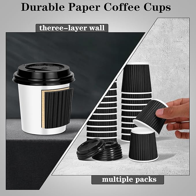 100 4oz Disposable Espresso Cups with Lids Ripple Corrugated Paper Disposable Coffee Cups Cups for Hot Chocolate, Tea, and Cocoa Drinks (Black)