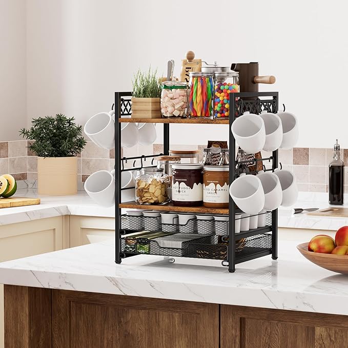Coffee Bar Organizer Countertop Station Shelf - 4 Tier Mug Holder Stand With 12 Hooks, 30 K Cup Pod Drawer, Multifunctional Shelf for Accessories Kitchen