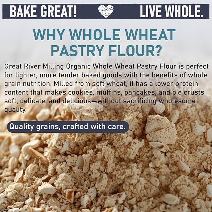 Great River Milling Organic Whole Wheat Pastry Flour | Soft Texture, Lower Gluten | USDA Organic, Non-GMO, Kosher | Ideal for Muffins, Cookies, Cakes & More | 5 Lb