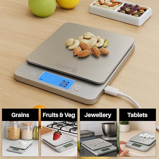 Rechargeable Digital Food Scale for Kitchen with Gram and Ounce – Smart Kitchen Scale for Food Products, Baking, Sourdough Bread Making, Cooking, Weight Loss, Jewelry & Packages (0.1g/5kg)