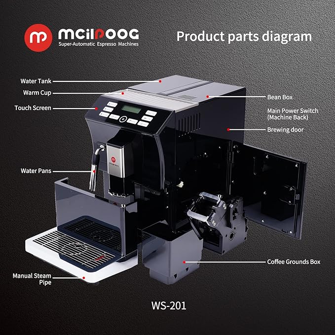 Mcilpoog WS-201 Super Fully Automatic Espresso Coffee Machine With Bean And Flour Dual-use With Manual Steam Wand And Touch Screen