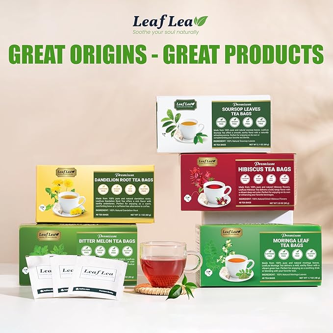 LeafLea 40 Moringa Tea Bags, 100% Natural and Pure Moringa Leaf Herbal Tea, Supports Digestion and Immune Health, Caffeine-Free, Sugar-Free, Vegan