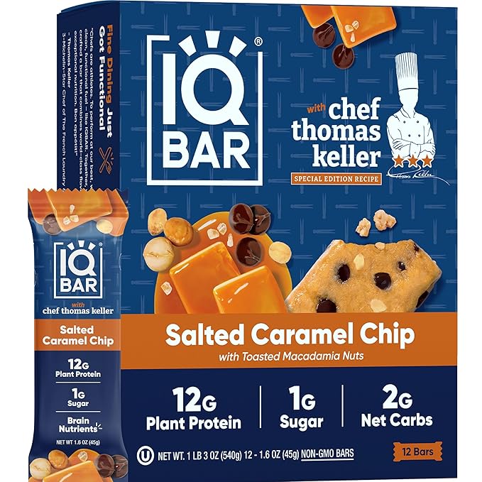 IQBAR x Chef Thomas Keller - Brain and Body Plant Protein Bars - Salted Caramel Chip - 12-Count, Low Carb, High Fiber, Gluten Free, Vegan Snacks - Low Sugar High Protein - Low Calorie Keto Energy Bars