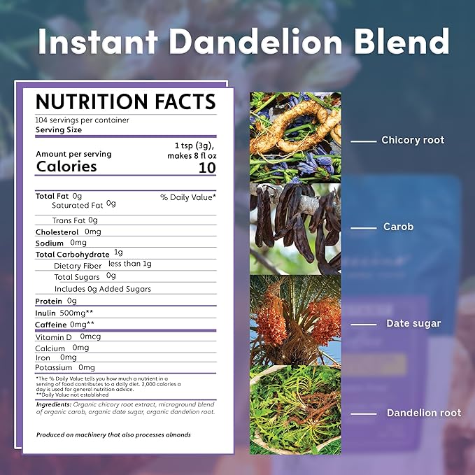 Teeccino Instant Organic Dandelion Blend – 104 servings – Gluten Free Instant Microground Herbal Coffee with Chicory & Dandelion Roots That’s Prebiotic, Caffeine-Free, and Acid-Free – 11 ounces