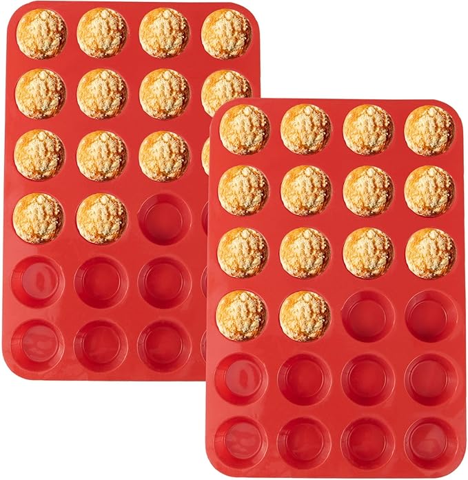 24 Cups Silicone Mini Muffin Pan Set, Nonstick Mini Cupcake Pans, BPA Free Small Muffin Tin for Baking, Set of 2 (Red+Red)