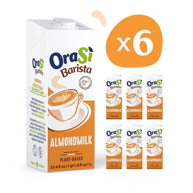 OraSì Almond Milk Barista | High-Foaming Plant-Based Almond Milk for Coffee, Latte Art & Italian-Style Cappuccino | Dairy-Free, Gluten-Free, Non-GMO | 1 L (33.8 fl oz) Carton