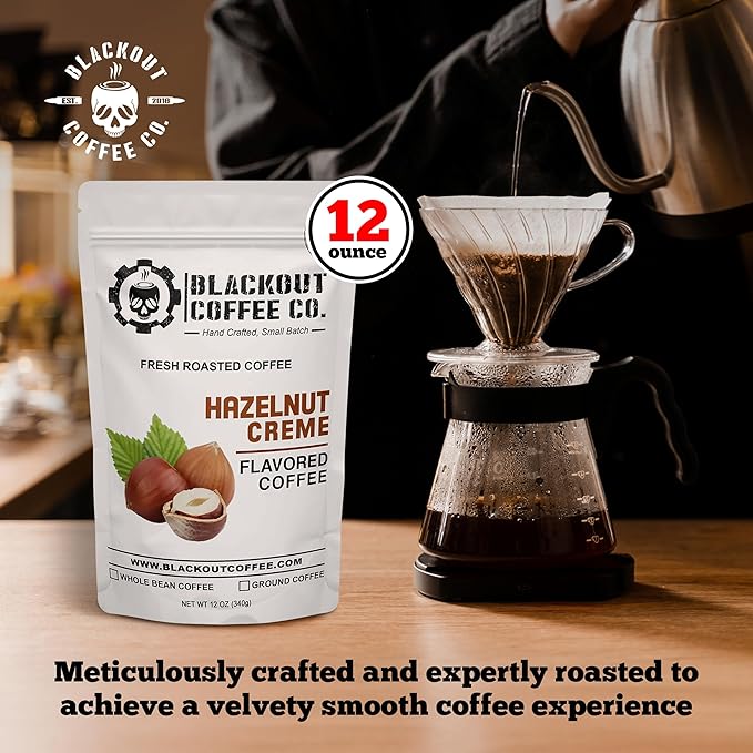 Blackout Coffee Hazelnut Creme Flavored - Freshly Roasted in the USA - 12 oz Ground Coffee Pouch