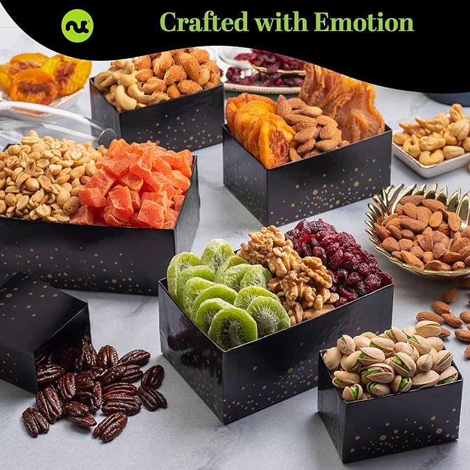 NUT CRAVINGS Gourmet Collection - Get Well Soon, Nuts & Dried Fruits Tower Gift Basket with Get Well Soon Ribbon (12 Assortments) Food Arrangement, Healthy Snack Care Package, Food Assortments