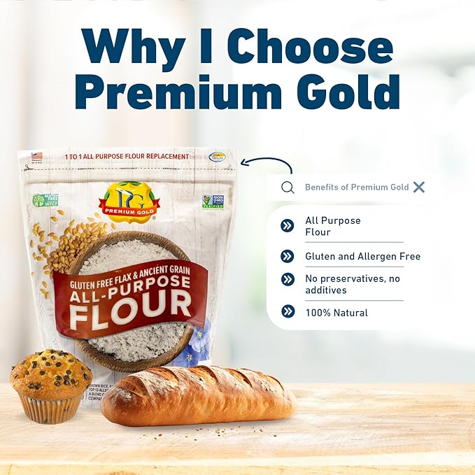 Premium Gold Gluten Free All Purpose Flour, 5 Pound, Gluten-Free, Non-GMO, Kosher, High In Fiber, Source of Omega-3, Plant-Based Protein, No Preservatives, No Additives, Ideal for Beverages, Baking &