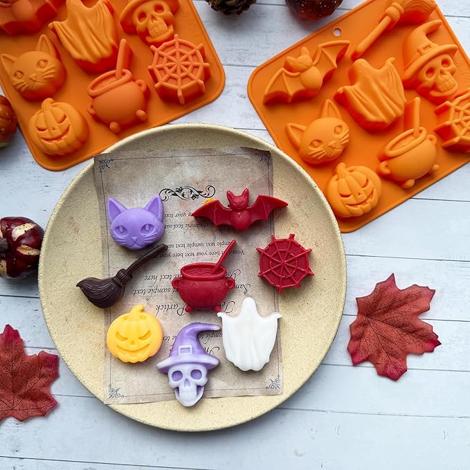 2 Pack Halloween Chocolate Candy Silicone Mold Halloween Molds Ghost Pumpkin Bat Skull Witch Hat Gummy Fondant Baking Mold for DIY Ice Cube Sugar Halloween Party Cupcake Cake Decorating