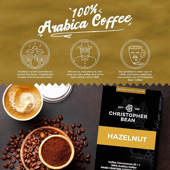 Christopher Bean Coffee - 396 servings, 30 to 1 Blend Bag in Box Liquid Instant Coffee or Cold Brew Coffee Concentrate - Hot or Iced Coffee - Hazelnut