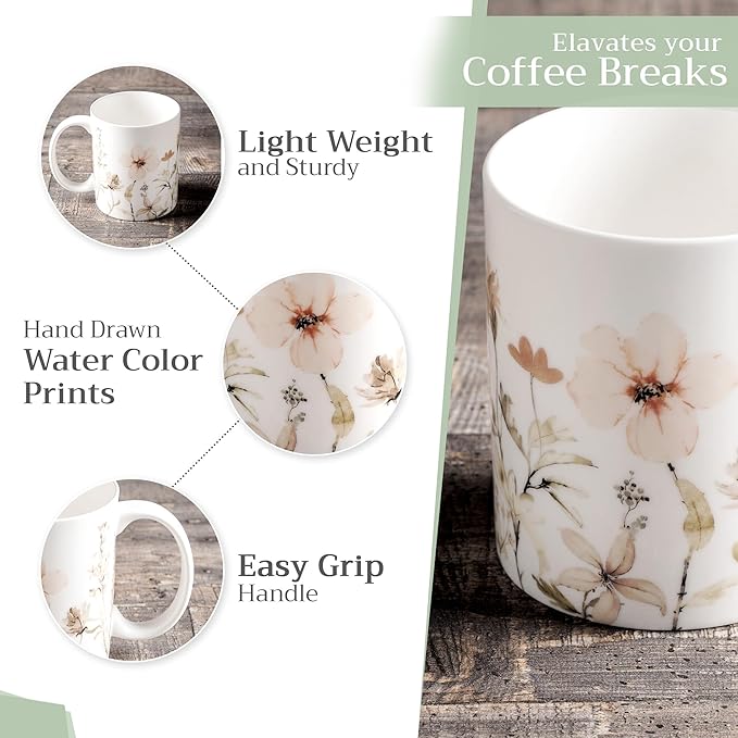 Maison d' Hermine Coffee Mug with Handles Fine Bone China Mugs Pack of Two Tea Cups for Hot Beverages Cappuccino Latte Home Restaurant Office Perfect for Gift (Ice Florals, 15 Ounce)