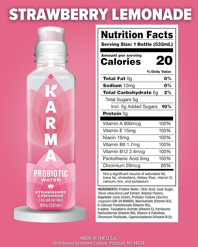 Karma Probiotic Water - 12 Pack, Strawberry Lemonade Drink - Immune & Gut Health Support