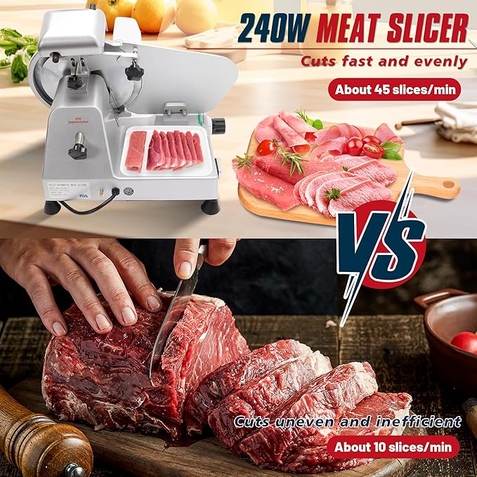 10 inch Commercial Meat Slicer, Electric Food Slicer, 240W Deli Slicer, Premium Chromium-plated Steel Blades, 0-12mm Adjustable Thickness Food Slicer For Commercial and Home use