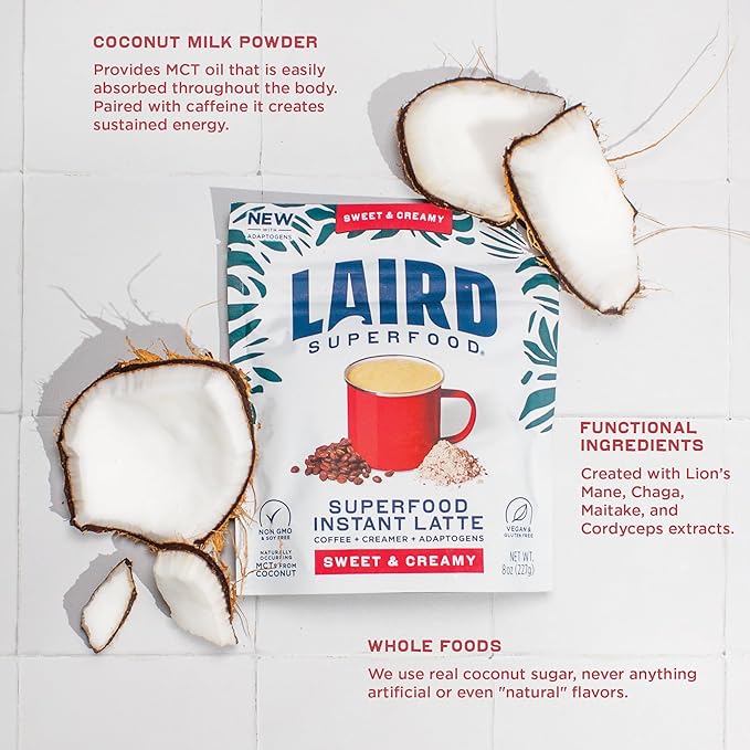 Laird Superfood Instant Latte 100% Arabica Coffee Sweet & Creamy, Non-Dairy, Superfood Creamer, Gluten Free, Non-GMO, Vegan, 8 oz. Bag, Pack of 1