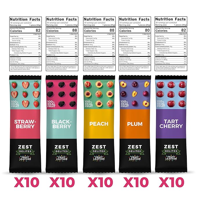 Fruit Snacks by Zest Delites, Fruit Leather Bars, Healthy Snacks for Adults & Kids, Vegan, Apple-Based, Strawberry, Peach, Blackberry, Plum, Tart Cherry, Bulk 0.88 oz x 50