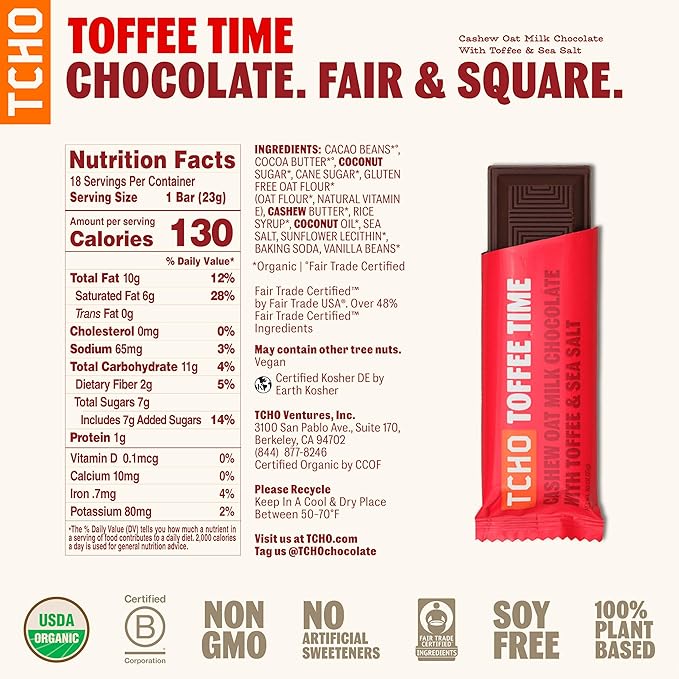 TCHO Singles Variety Pack - Plant Based, Organic Chocolate Singles - Vegan, Gluten-Free, Soy-Free - Handcrafted Pure Cacao Bars - Chocolate Bars - 18 Count - Holy Fudge, Toffee Time, Dark & Salty, Perfect Matcha (Pack of 4)