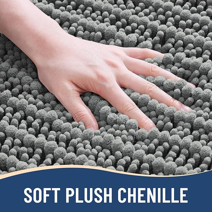 Arotive Luxury Chenille Bathroom Rug Mat, Extra Soft Thick Absorbent Shaggy Bath Rugs, Non-Slip Machine Wash Dry, Plush Bath Mats for Bathroom, Shower and Tub, 60x24, Grey