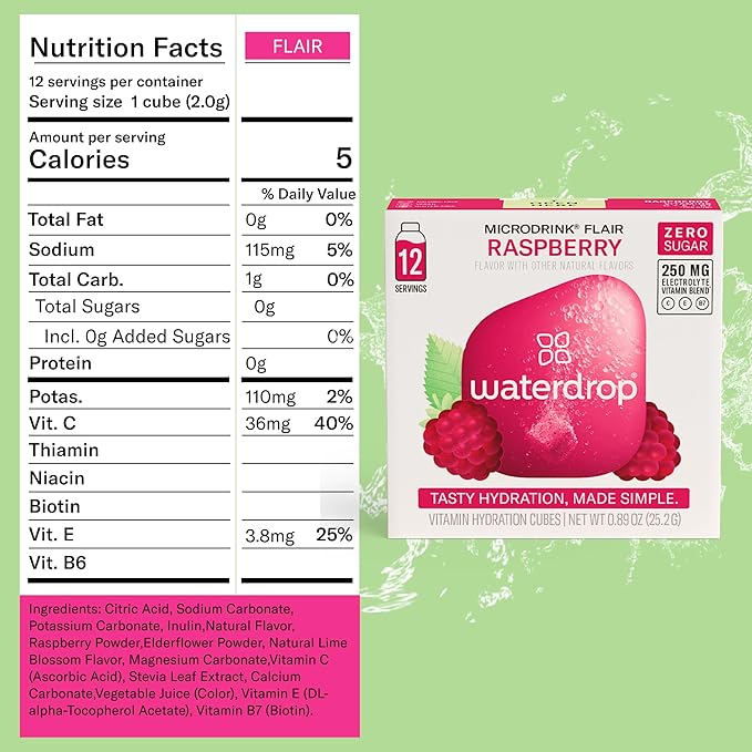 Waterdrop Hydration Cubes, Elderflower & Lime Blossom, Vitamin C, E & Potassium, On The Go Water Enhancer Drops for Still & Sparkling Water, Low Calorie, Zero Sugar, Gluten Free, Non GMO, Vegan, 24 CT
