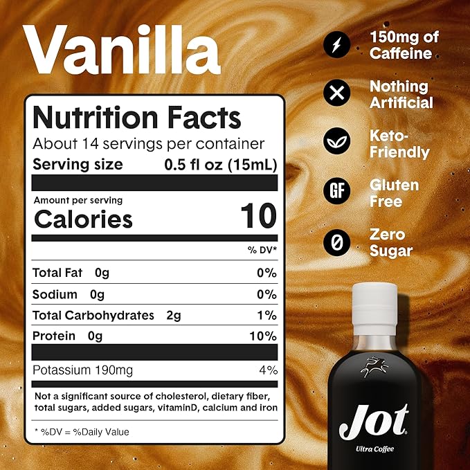 Jot Coffee Concentrate (Vanilla) High Caffeine Cold Brew Coffee Concentrate Liquid for Iced Coffees, Instant Espresso, Hot or Cold Instant Coffees - Makes 14 Cups, 150mg Caffeine/Tbsp, Sugar Free