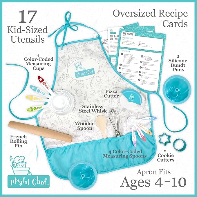 MindWare Playful Chef Deluxe Baking Kit - Set Includes 17 Utensils with Color-Coded Measuring Tools & 5 Healthy Recipes – Ages 4 & up