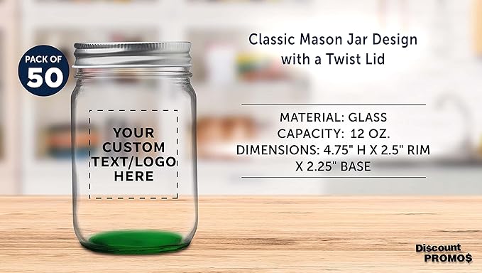 DISCOUNT PROMOS 50 Decorating Mason Jars Set, 12 oz. - Customizable Text, Logo - Canning, Aluminum Lid - Green