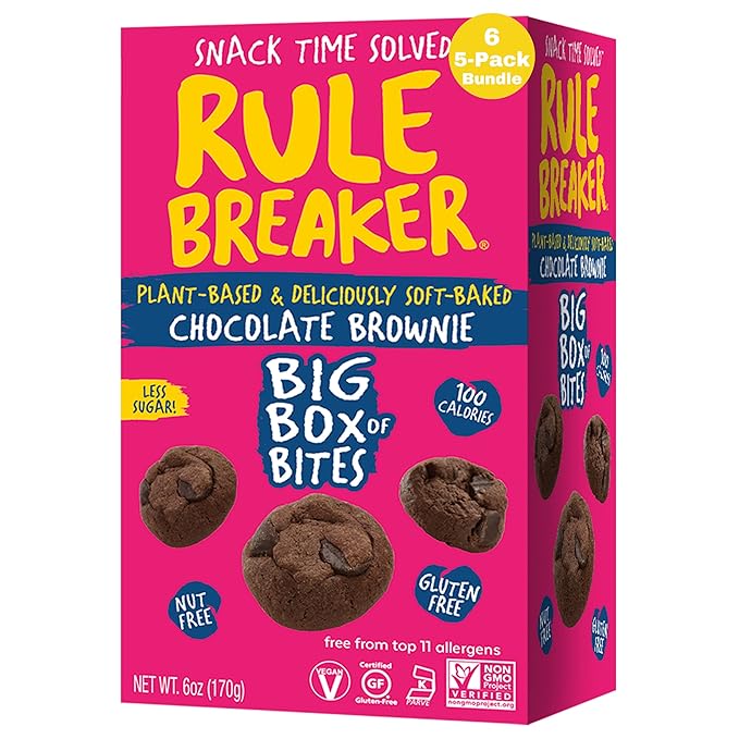 Rule Breaker Vegan & Gluten Free Cookies | Chocolate Brownie Big Box of Bites | Plant-Based, Top 11 Allergen-Free | Soft-Baked, Great for School, Office, Pantry | Better-For-You Bites (Pack of 6)