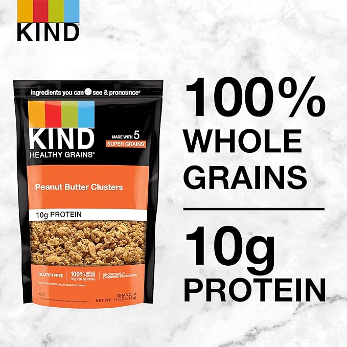 KIND Healthy Grains Granola, Peanut Butter Clusters, Healthy Snacks, Gluten Free, 100% Whole Grains, 10g Protein, 11oz, 6 Count