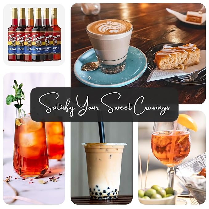 Jimoco Syrup Pump & Torani Syrup Bundle - Fruit Bowl Syrup 6 Pack Summer Flavors, Raspberry, Strawberry, Blackberry, Cherry, Orange and Peach - For Italian Soda Coffee, Lattes, Frappes With 6 Pump Dispensers