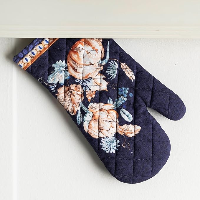 Maison d' Hermine Oven Gloves 100% Cotton Oven Mitt 7" x 13" with Loop Heat Resistant, BBQ, Cooking Gloves, Baking, Grilling, Kitchen, Handling Hot Pans (Pack of 1, Pumpkin Blues)