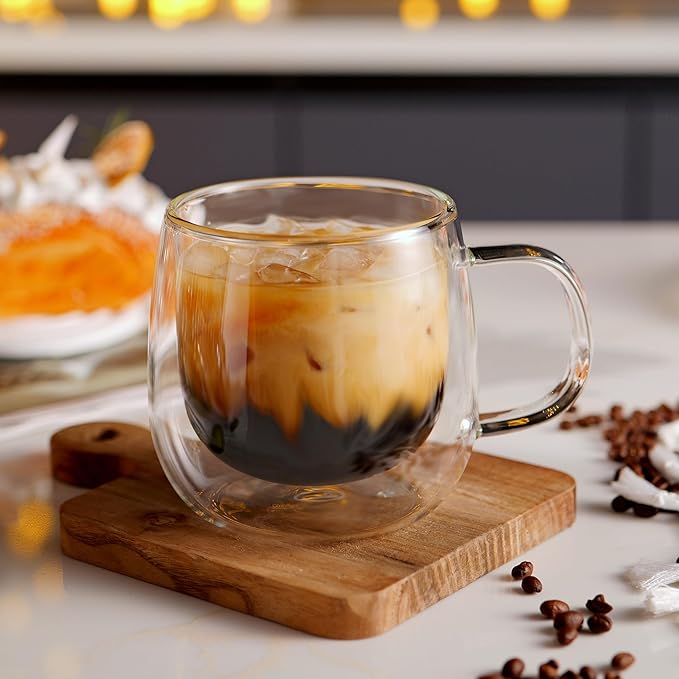 CNGLASS 16oz Double Walled Glass Coffee Mugs(2-pack),Large Clear Coffee Cups with Handle,Glass Espresso Mugs for Latte,Cappuccino,Tea