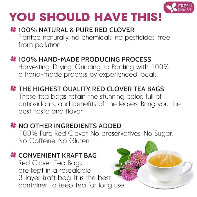 FreshDrinkUS, Premium Red Clover Herbal Tea– 35 Tea Bags – Pure – Naturally Smooth & Mild Flavor – Premium Quality, Eco-Conscious Packaging. Caffeine-Free. Gluten Free. Vegan
