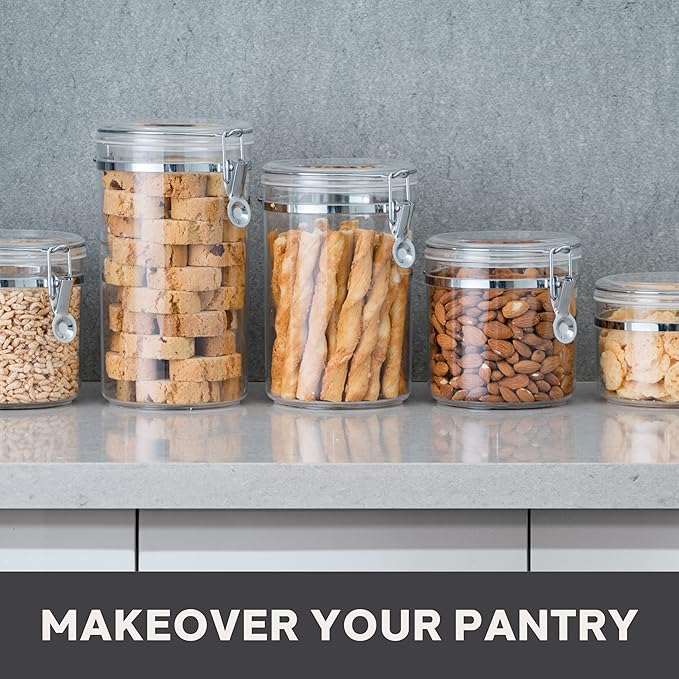 Oggi 4pc Clear Canister Set with Clamp Lids & Spoons - Airtight Food Storage Containers, Ideal for Kitchen & Pantry Storage of Bulk, Dry Food Including Flour, Sugar, Coffee, Rice, Tea, Spices & Herbs