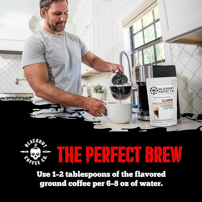 Blackout Coffee Climax Amaretto, Irish Cream & Kahlua Flavored Ground Coffee, Medium Roast - Ground Coffee, Fresh Roasted In the USA,12 oz Pouch