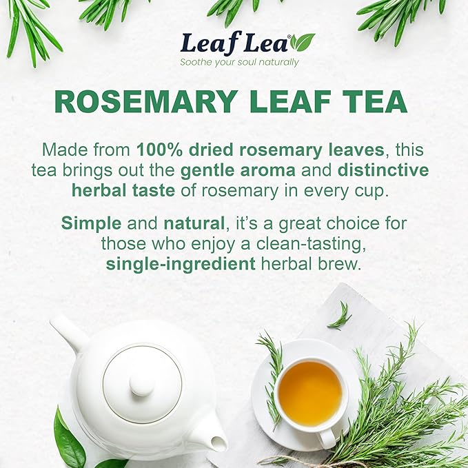 LeafLea 40 Premium Rosemary Tea Bags from 100% Natural Rosemary Leaves, Herbal Tea for Gentle Digestive Comfort, Te De Romero Earthy Taste & Light Aroma, Caffeine-Free, Sugar-Free, Non-GMO