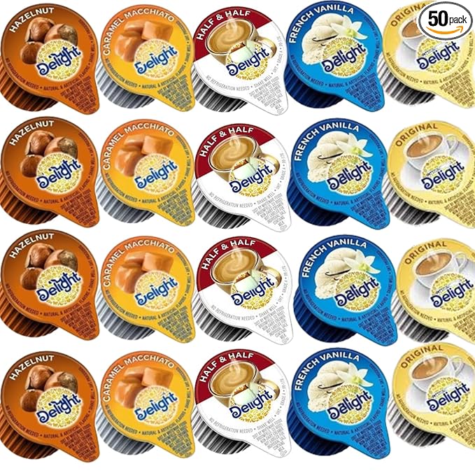 Coffee Creamer Singles Variety Pack – 50 Count | Liquid, Shelf Stable, Non-Dairy | 5 Flavors (Half & Half, Hazelnut, French Vanilla, Caramel, Original) – Individually Sealed Creamers for Home, Office, Coffee Bar & Gifting