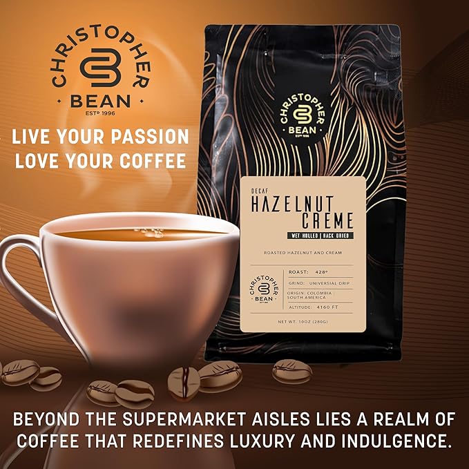 Christopher Bean Coffee - Certified Kosher - Decaf Ground Universial Drip Hazelnut Crème Flavored Coffee| Coffee Beans with Medium Roast 100% Arabica, No Sugar, No Fats, Non-Gmo | 10-Ounce Bag