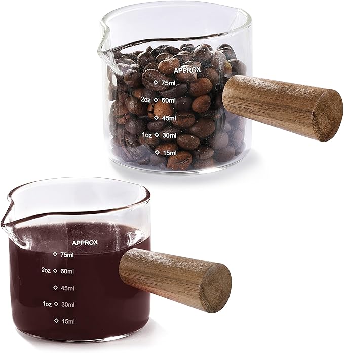 2 Pack Measuring Cups, Espresso Shot Glass with Wood Handle, Clear Glass with Dual Scale, Espresso Accessories with Double Spouts, 2.5 OZ /75 ML