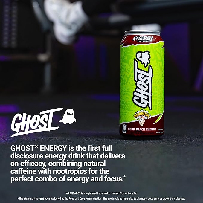 GHOST Energy Drink - 12-Pack, Warheads Sour Black Cherry, 16oz - Energy & Focus & No Artificial Colors - 200mg of Natural Caffeine, L-Carnitine & Taurine - Gluten-Free & Vegan