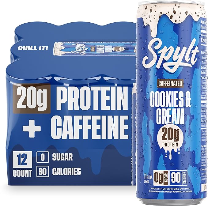 Spylt High Protein Cookies & Cream Milk with 60mg Caffeine & 20g Protein - 90 Calories, Ready to Drink, Sugar Free, Lactose Free Milk, Perfect for Workout Recovery & Afternoon Pick Me Up - 12 Count