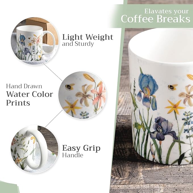 Maison d' Hermine Coffee Mug with Handles Fine Bone China Mugs Pack of Two Tea Cups for Hot Beverages Cappuccino Latte Home Restaurant Office Perfect for Gift (Fleurs De Mai, 12 Ounce)