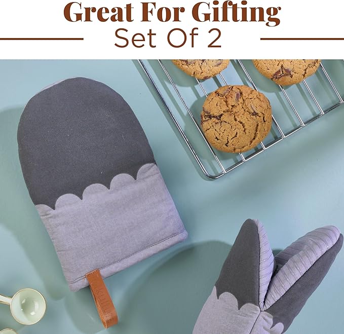 Folkulture Mini Oven Mitts Heat Resistant | (5.75x9) Set of 2 Short Grey Oven Mitts with Hanging Loop | 100% Cotton Oven Gloves or Kitchen Mittens | Small Oven Mitt Set, Grey Scallop Oven Mits
