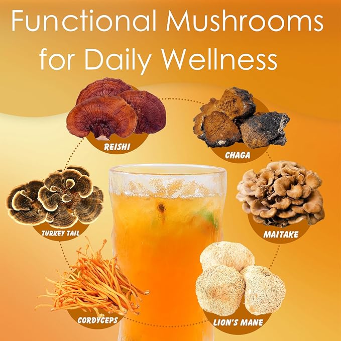 Mushroom Coffee Creamer, Orange Flavored, Probiotics, MCT Powder and 6 Mushrooms | Lion's Mane, Turkey Tail, Reishi, Maitake, Chaga, Cordyceps | Boosts Energy, Focus, Supports Immunity | Gluten-Free, Vegan, 6.35 Oz